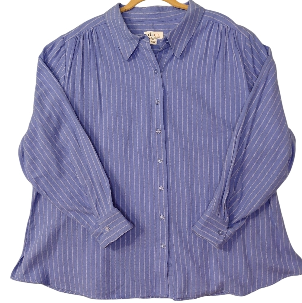 Blue Striped Button Down Shirt 2X Long Sleeve Soft Cotton Plus Size Casual Top